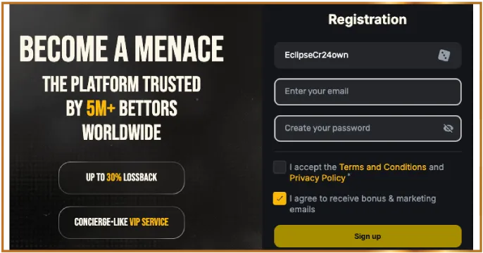 MENACE Casino registration banner